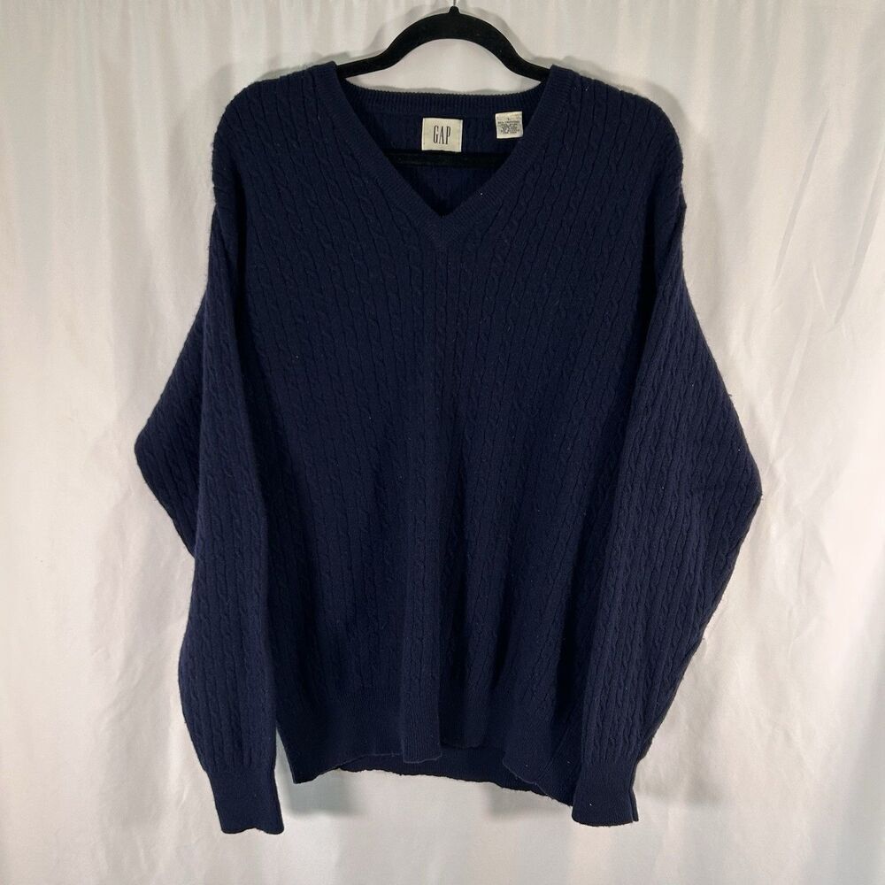 Gap Lambswool Blend Sweater Men's Large Blue Cable Knit Vneck Long Sleeve